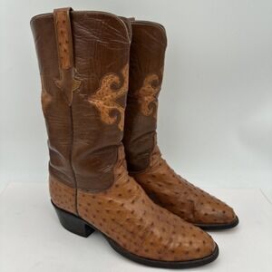 VTG Lucchese Classics Mens Handmade Full Quill Brown Ostrich Boots Size 9.5D